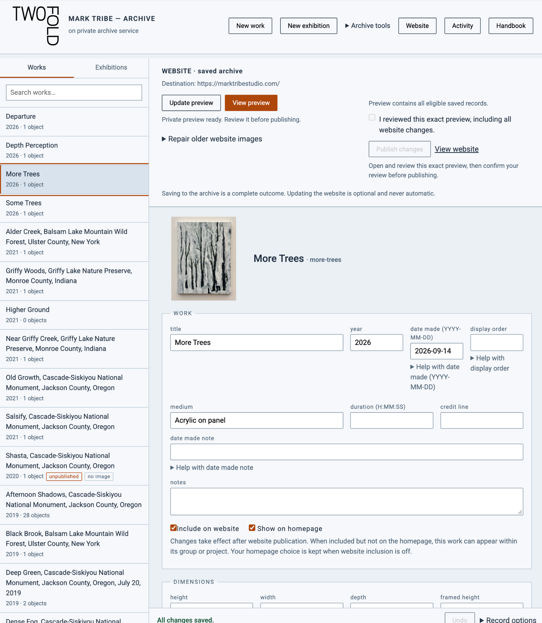The archive editor showing More Trees and website preview controls