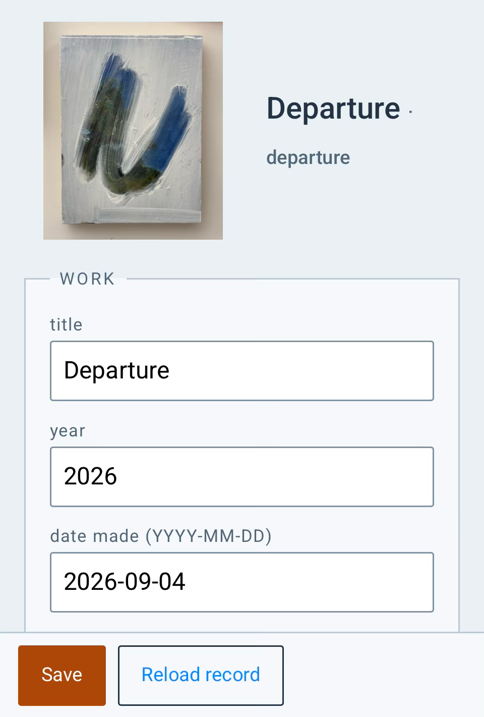 The archive editor showing Departure, the same painting pictured on the website